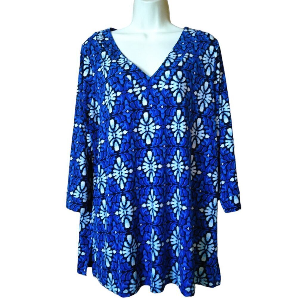Dia & Co Leota Women's XL?? Blue White Floral 3/4 Sleeve Blouse PLEASE READ